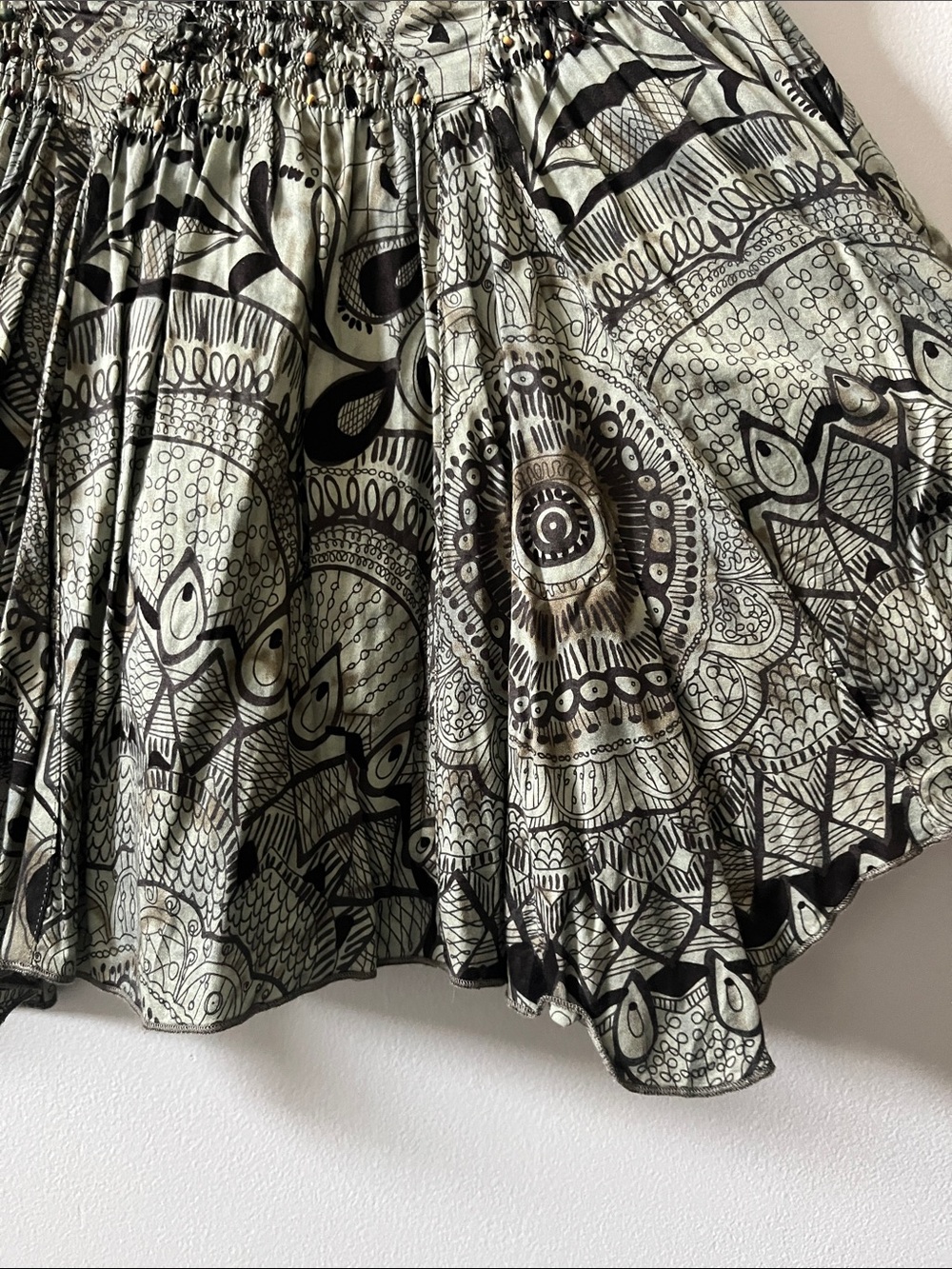 Free people vintage beaded boho printed mini skirt fairy jagged hem green black - Picture 3 of 9